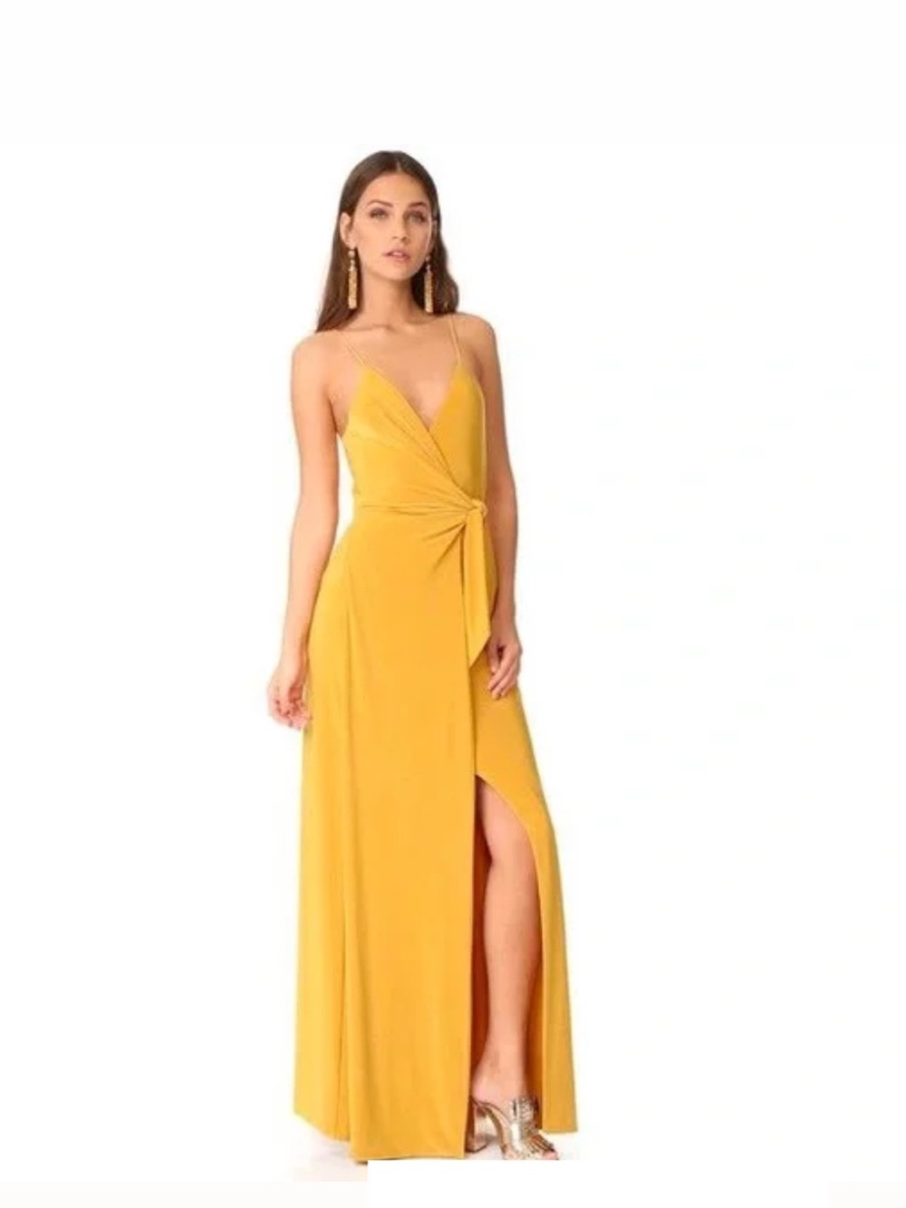 Misa Los Angeles Mustard Yellow Twist-Front Spaghetti Strap Maxi Dress nwot